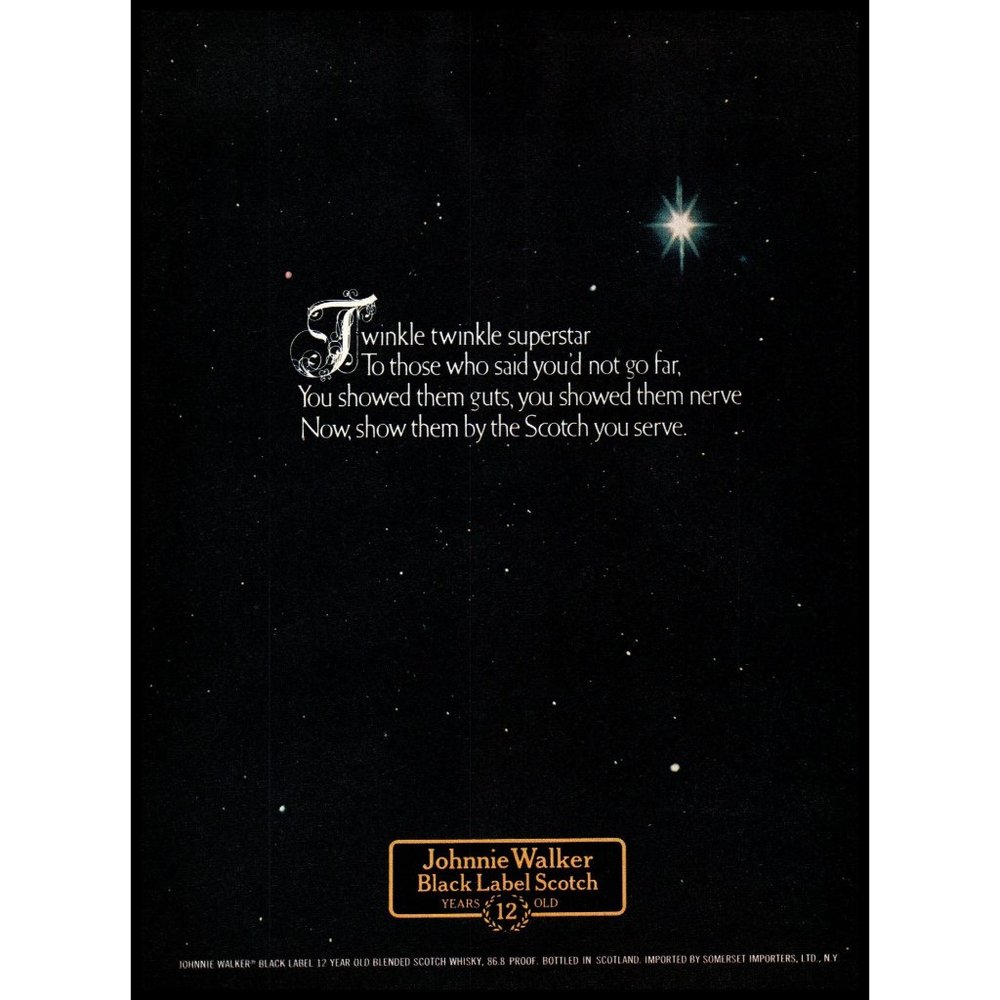 1974 Johnnie Walker Black Label Scotch Twinkle Little Star Vintage Print Ad Art